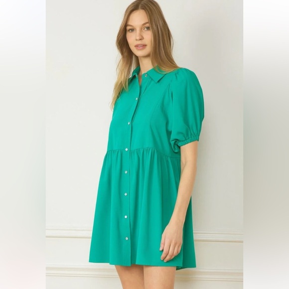ENTRO Kelly Green Babydoll Style Collared Puff Sleeve Dress Pearl Snap - Picture 5 of 11